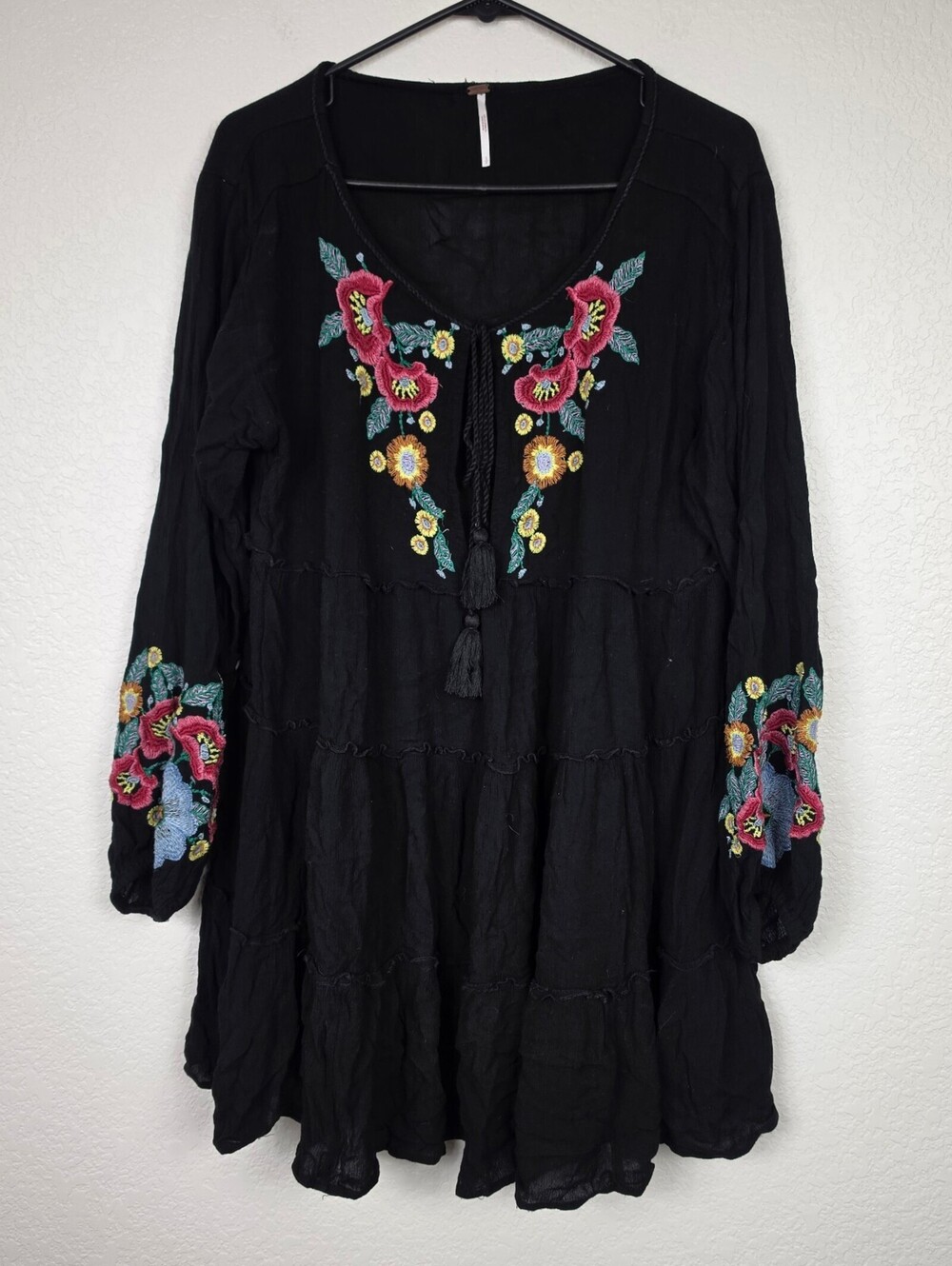 Free People Black Embroidered Floral Long Sleeve Mini Dress